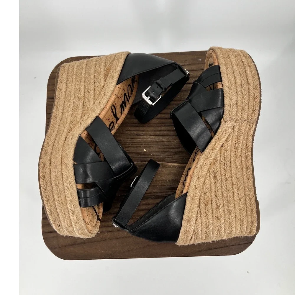 Sam Edelman Marietta Black Leather Espadrille Wedge Sandals Platform 8.5M